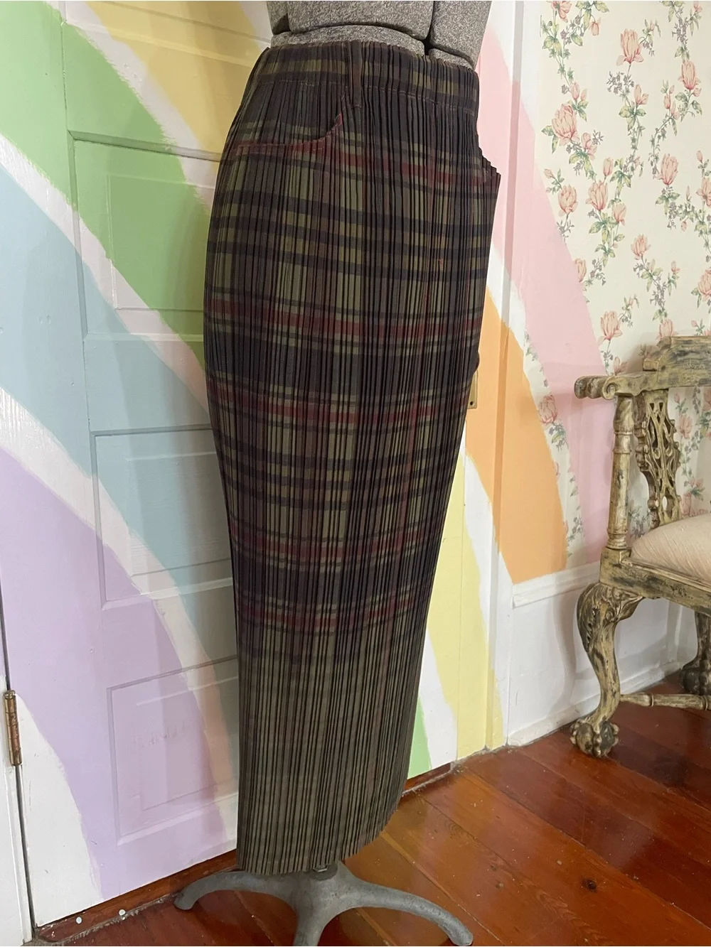 Issey Miyake Pleated Plaid Maxi Skirt Contrast Stitching Japan Sz L 🧡🎀